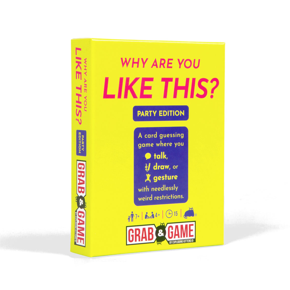 Why are you like this Party Edition. A game where you talk, draw or gesture. Made for quick rounds of 15 mins with 4+ players in a bright yellow box with hot pink lettering