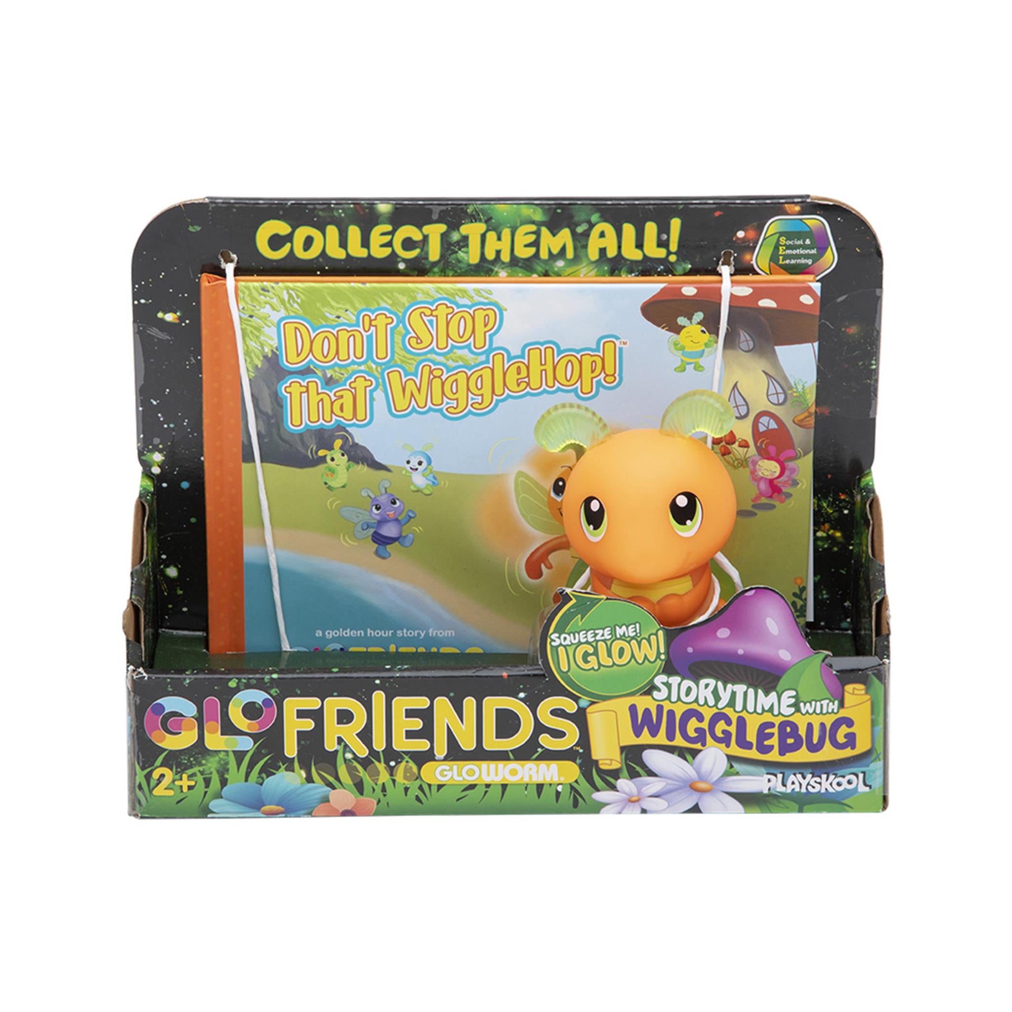 Packaging of Wigglebug GloFriends Story Pack featuring a cartoonish yellow bug with a book titled 'Don't Stop That WiggleHop!' and the text 'Collect them all!'.