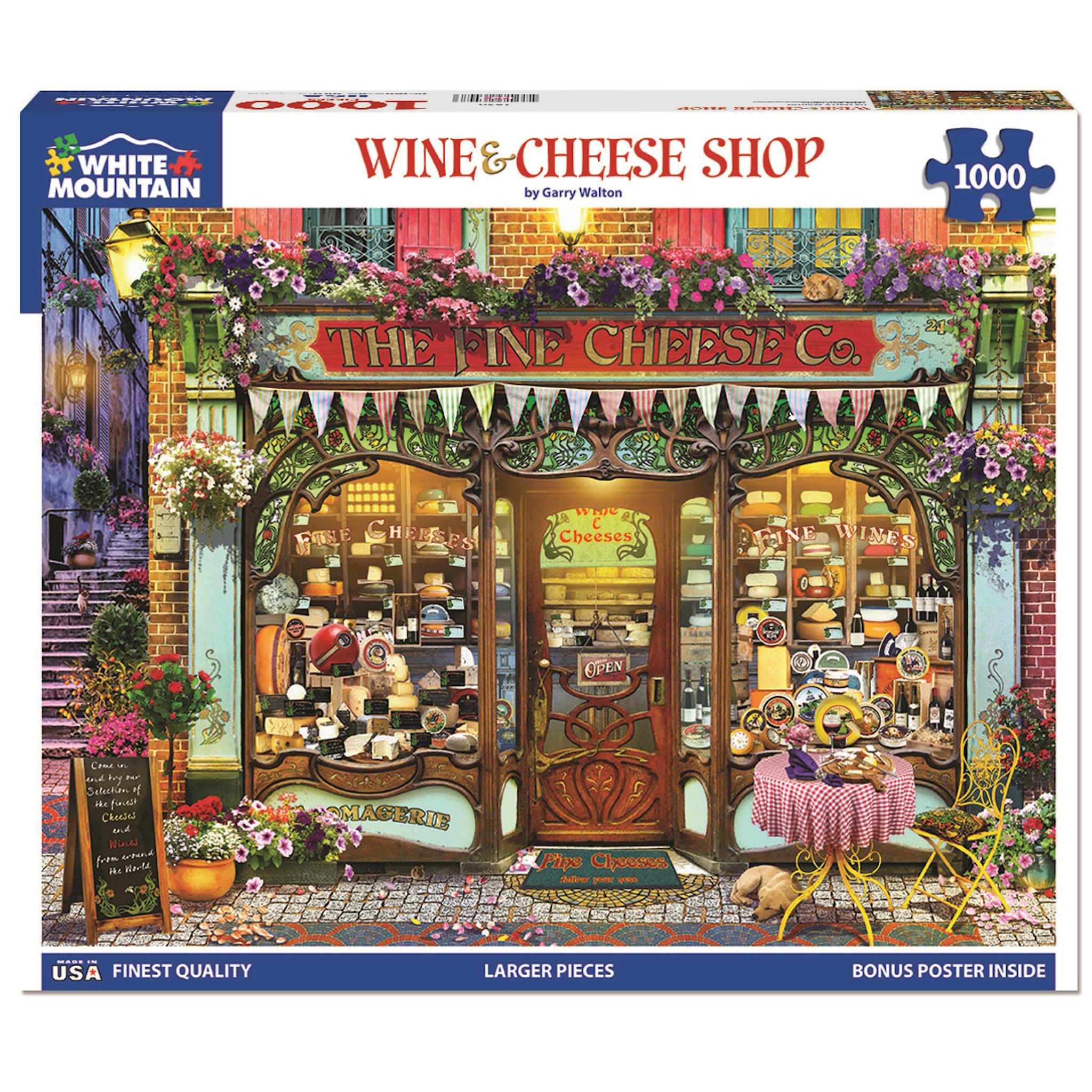 A 1000 piece jigsaw puzzle depicting a wine and cheese shop with detailed illustrations of cheeses, bottles of wine, and shop decor.