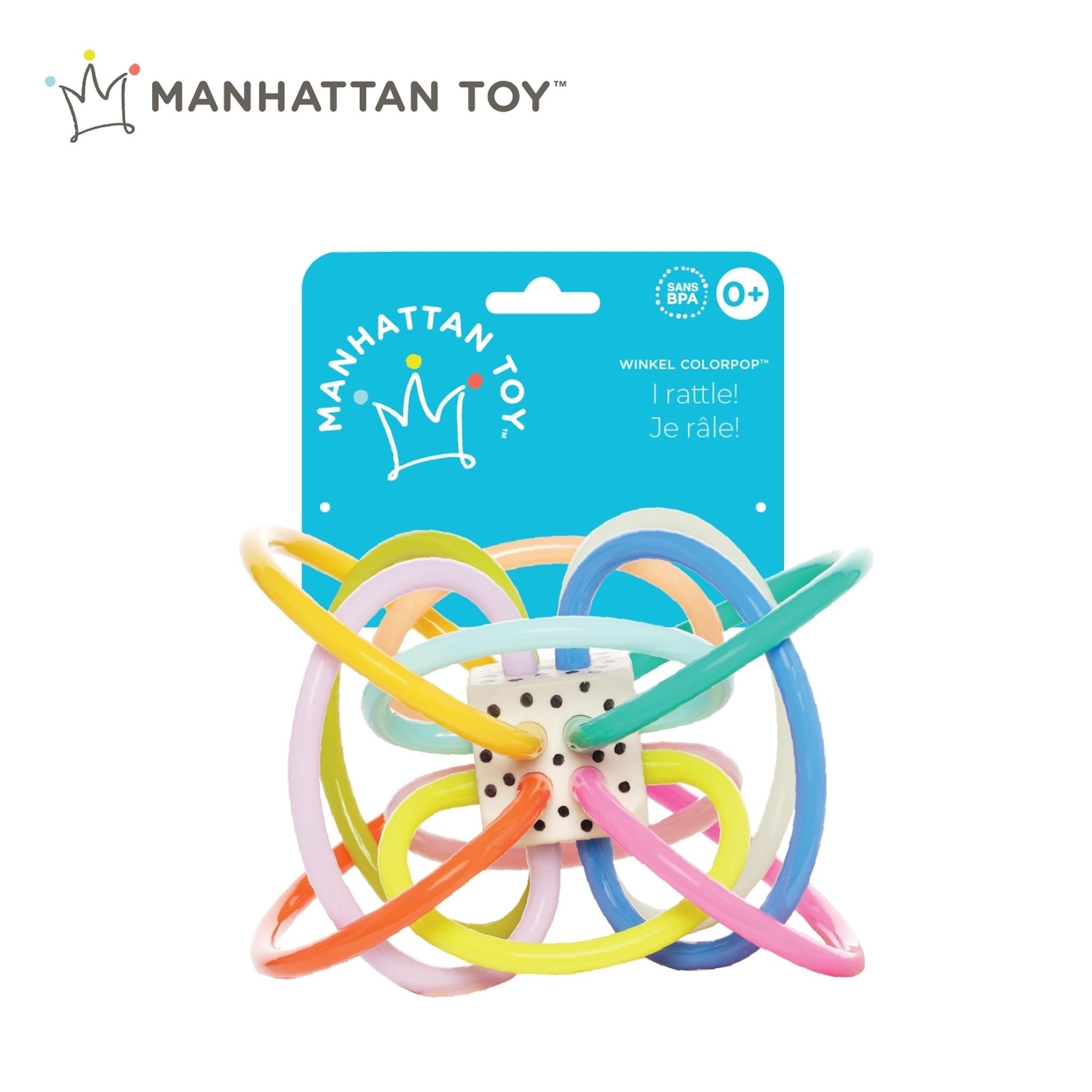 A colorful Winkel teether toy with multiple loops and a central rattling section, packaged with a Manhattan Toy label.