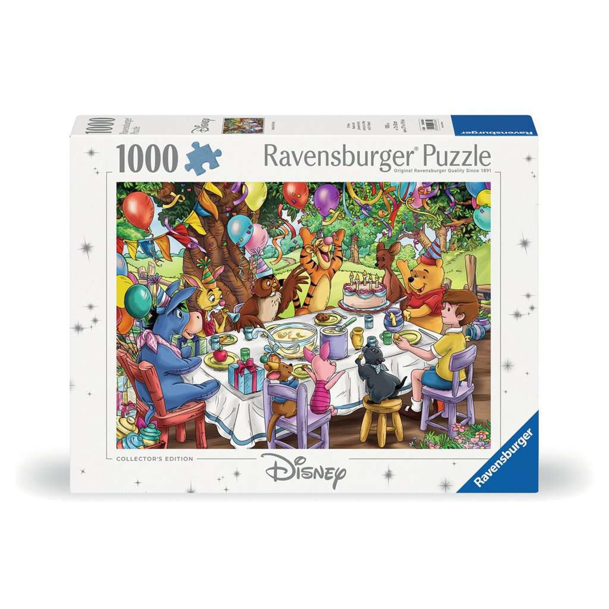 A 1000-piece Ravensburger jigsaw puzzle box featuring Winnie the Pooh and friends at a birthday party setting.