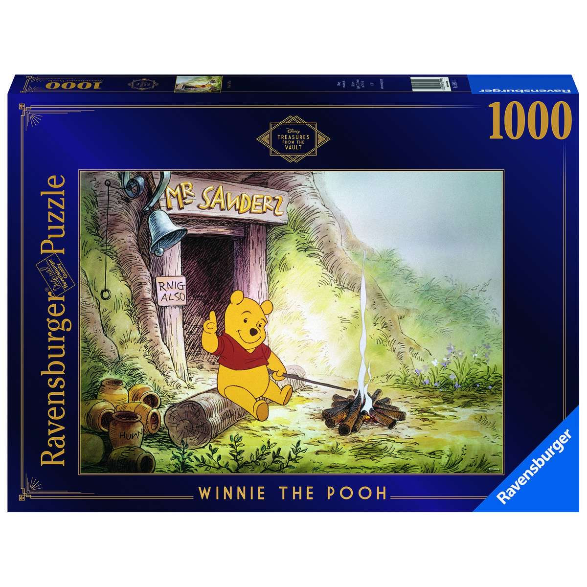 A 1000-piece Ravensburger jigsaw puzzle box featuring Winnie the Pooh sitting outside his house with a sign above the door.