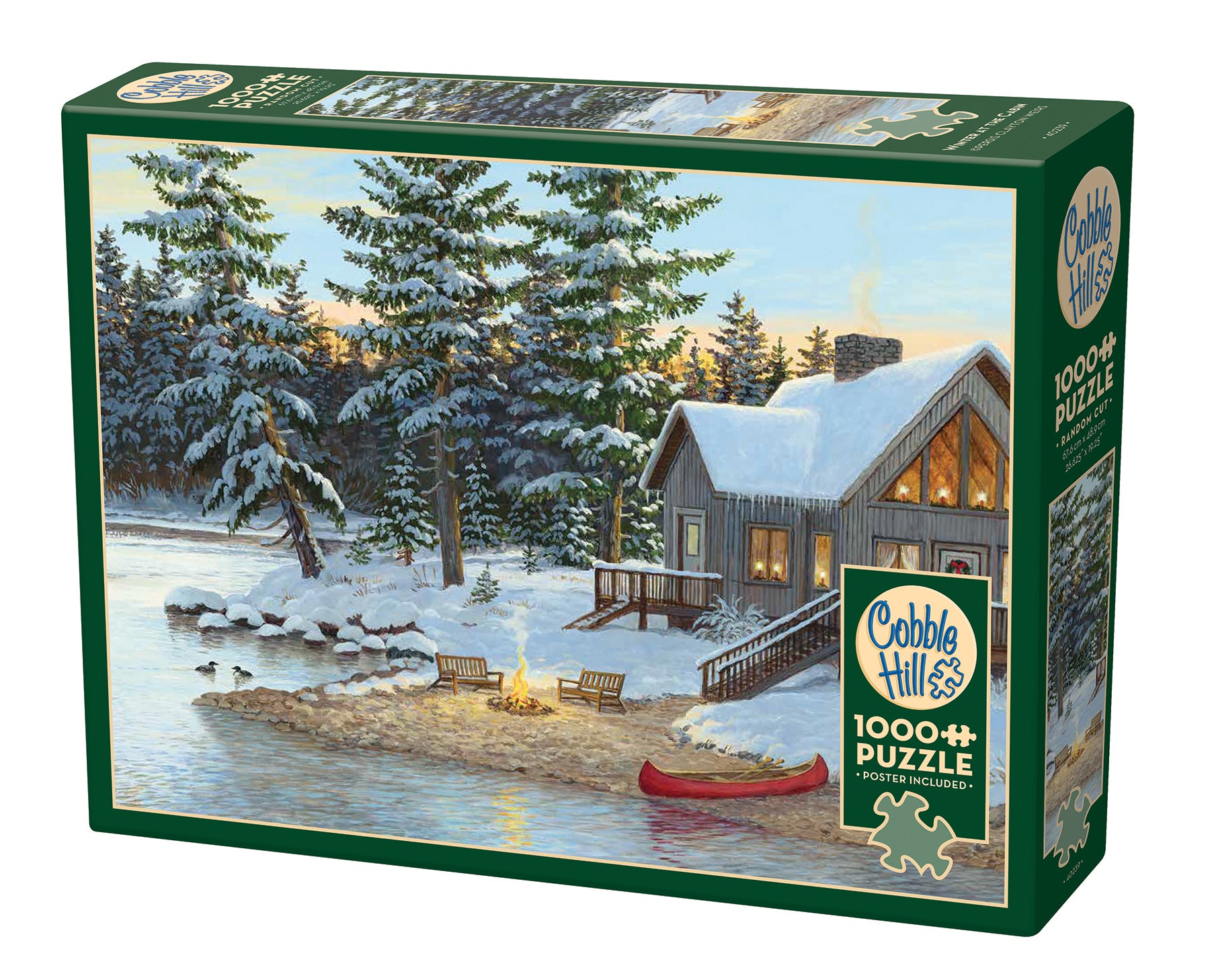 A 1000 piece Cobble Hill puzzle box featuring an illustrated winter scene with a cabin, canoe, and snow-covered trees by a lake.