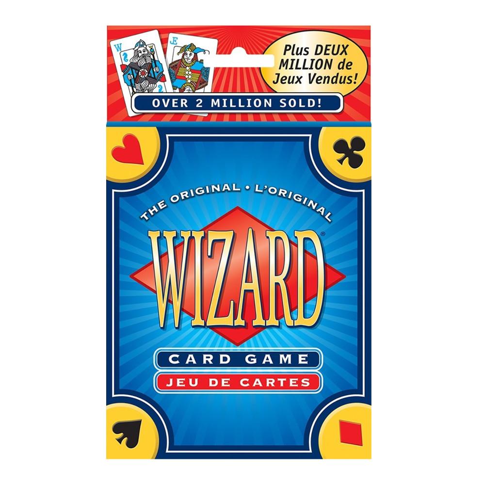 Packaging for the Wizard Card Game featuring the game's name and symbols with a blue and red color scheme.