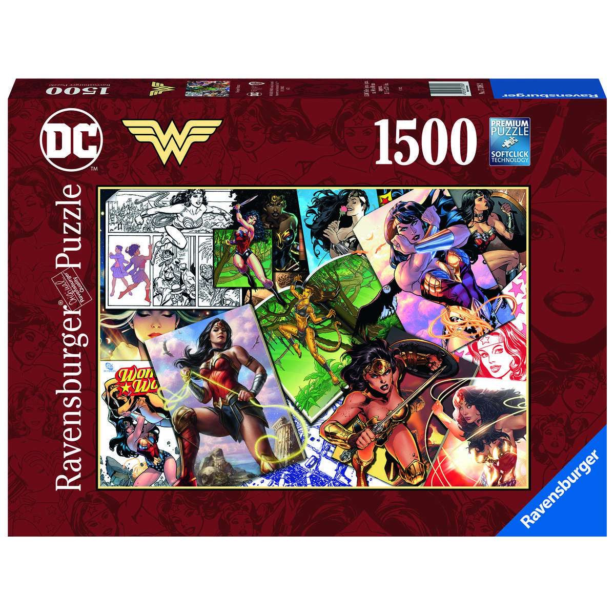 A 1500-piece jigsaw puzzle box featuring Wonder Woman characters from the DC Universe with various graphics and colors.