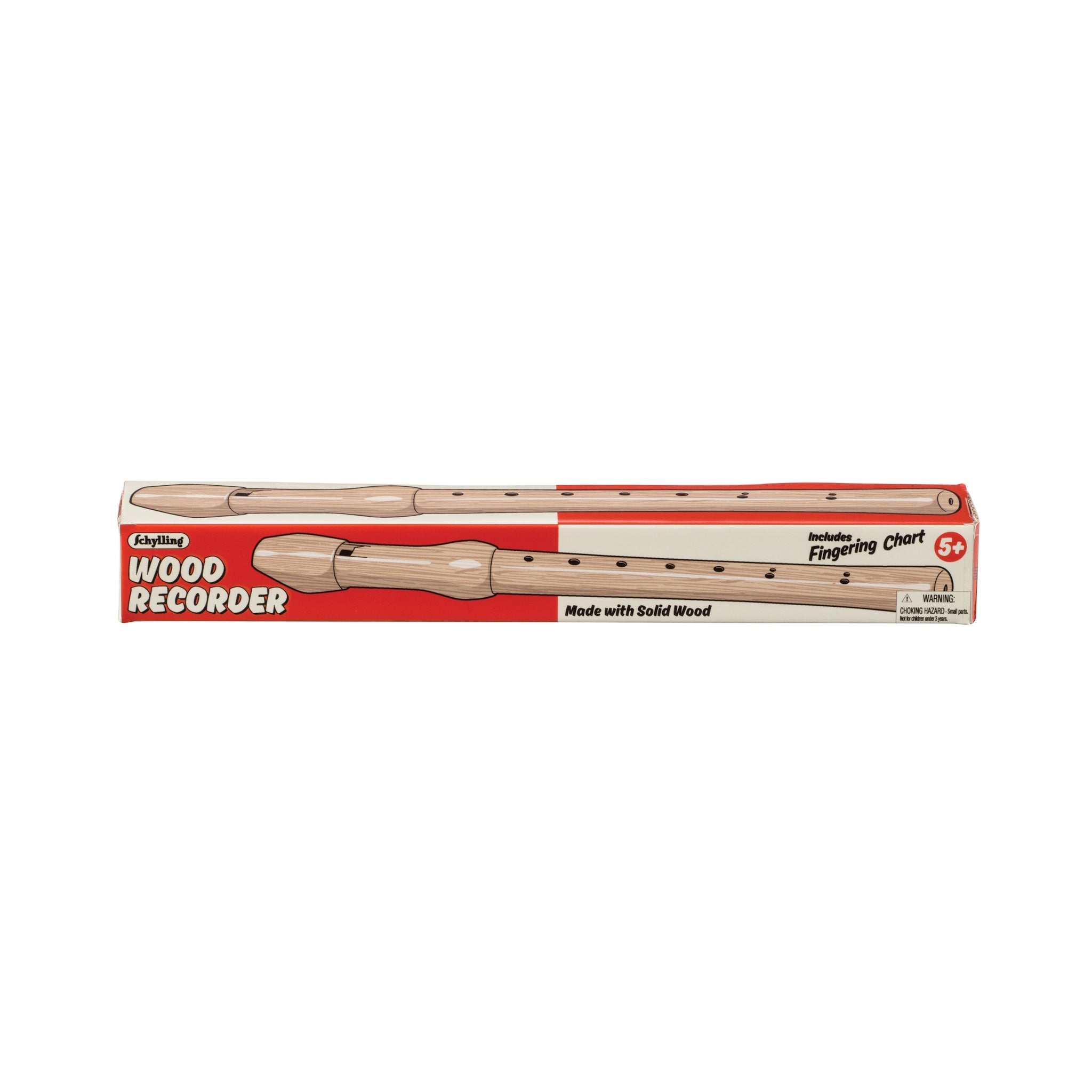 A classic carved wooden recorder by Schylling Toys packaged in a red and white box.