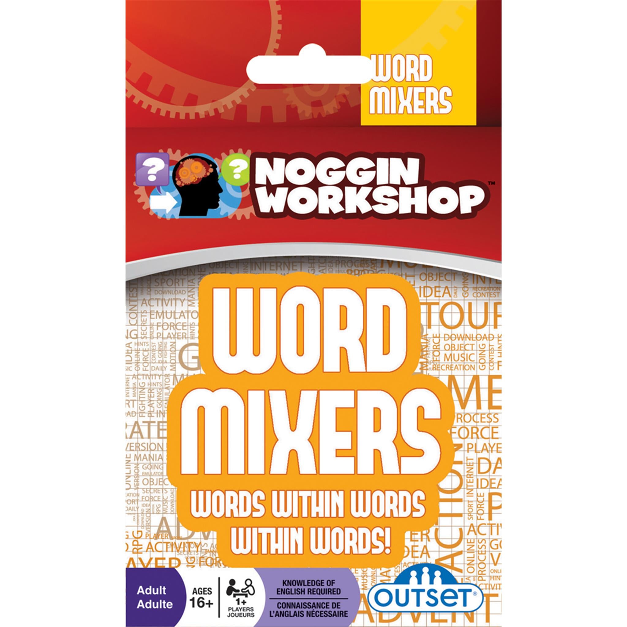 Packaging for 'Word Mixers' card game by Outset Media, featuring text and logic puzzle elements on the front.