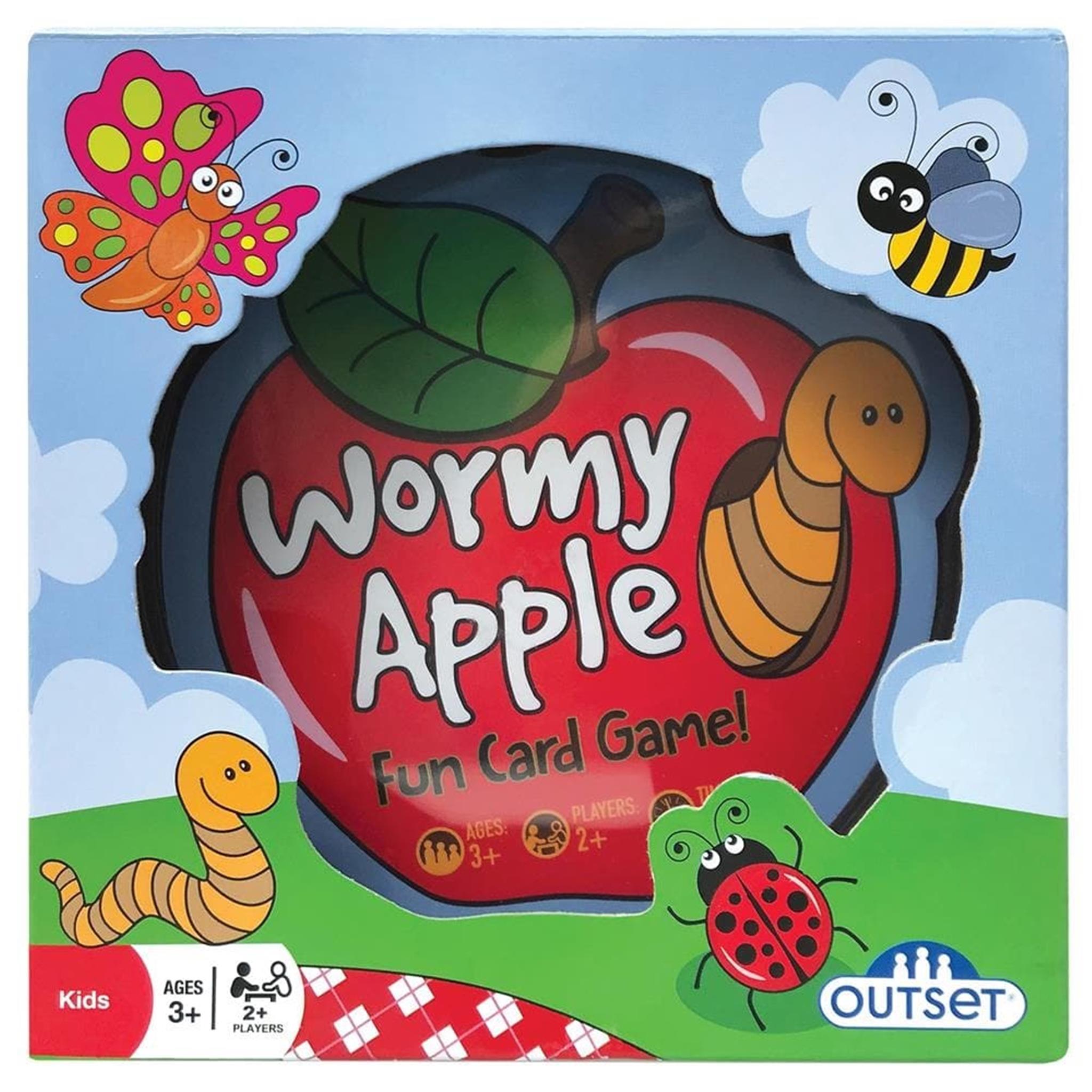 The image shows the cover of the 'Wormy Apple' card game, featuring an illustration of an apple with a worm and a bee, along with colorful butterflies and a ladybug. The game's title is prominently displayed at the top.