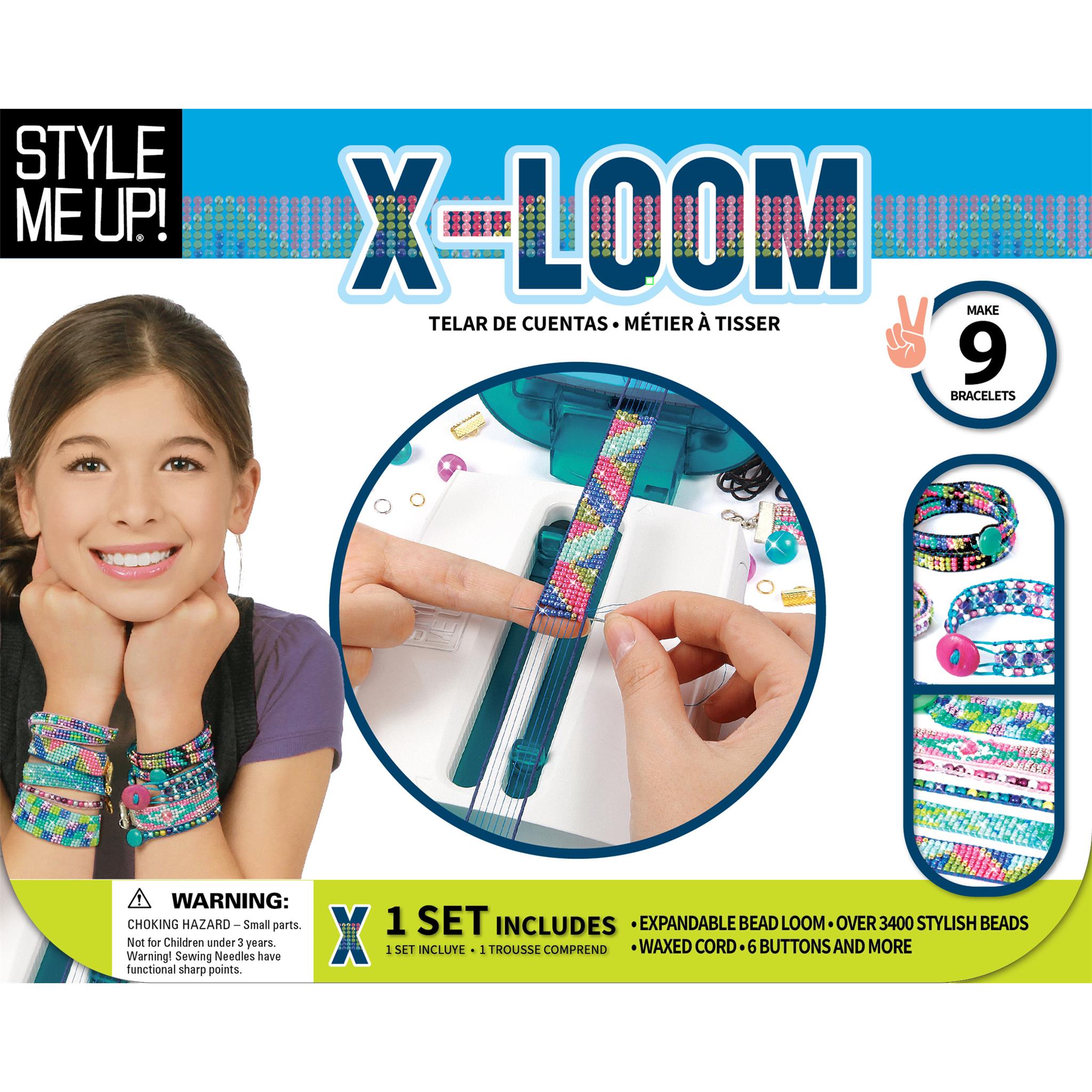 Packaging for X-Loom Deluxe featuring the loom and examples of bracelets made with the product. The image includes a child model wearing the bracelets.