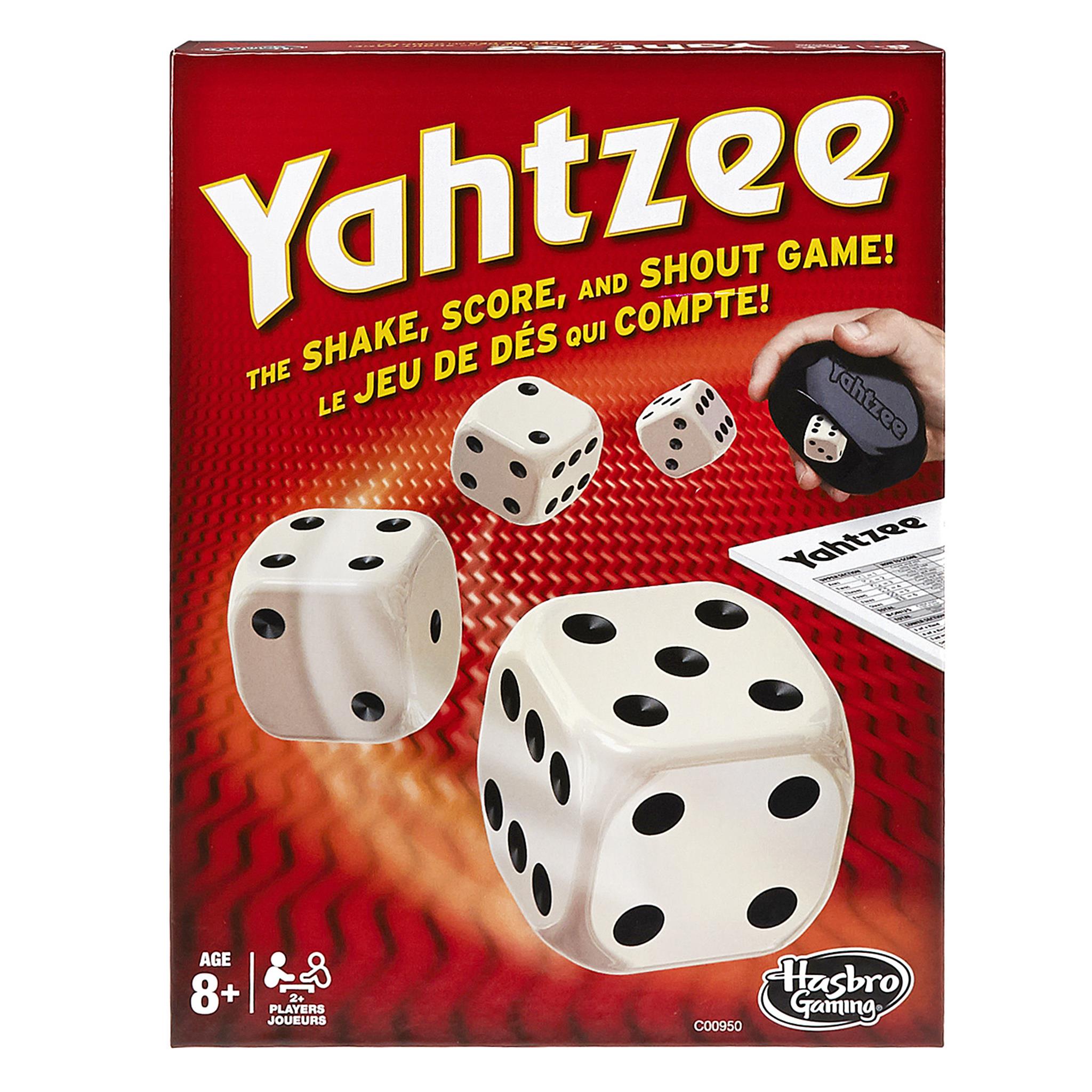 Boxed Yahtzee game featuring dice and a shaker, with the Hasbro logo visible.