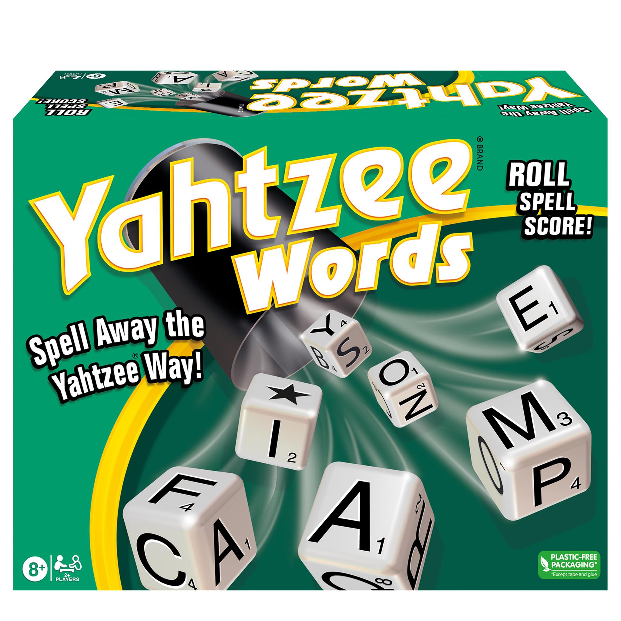 The image shows the Yahtzee Words board game box featuring dice with letters on them and the game's title displayed prominently.