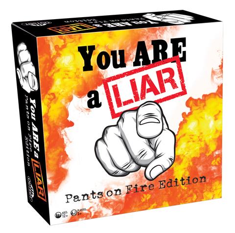Board game box cover for 'You Are A Liar: Pants on Fire' with a graphic of a finger pointing at the viewer, set against a fiery background, indicating a party game theme.