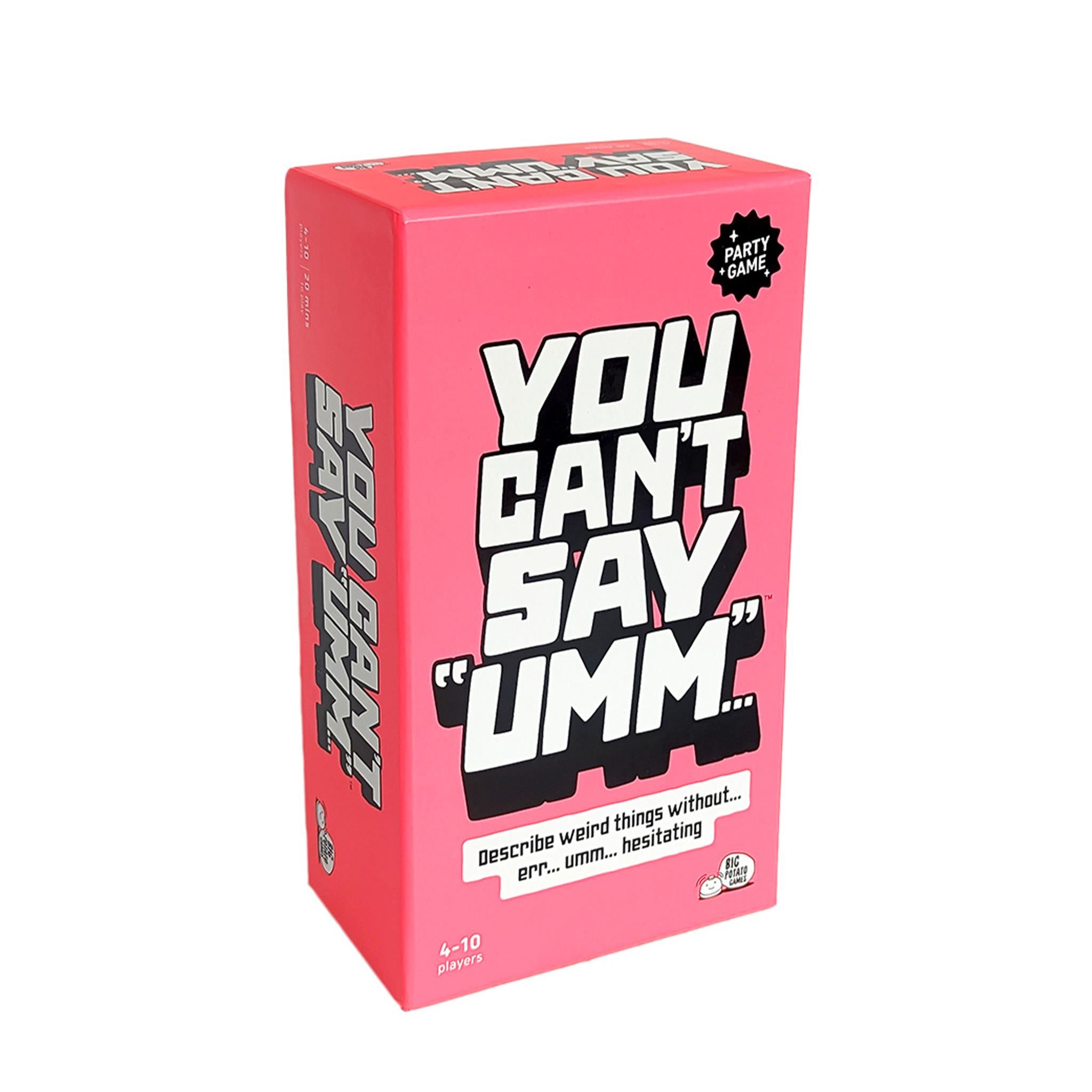 The image shows a pink box of the party game 'You Can't Say Umm', which has bold white text on the front and is designed for 2 to 10 players aged 10 and up.
