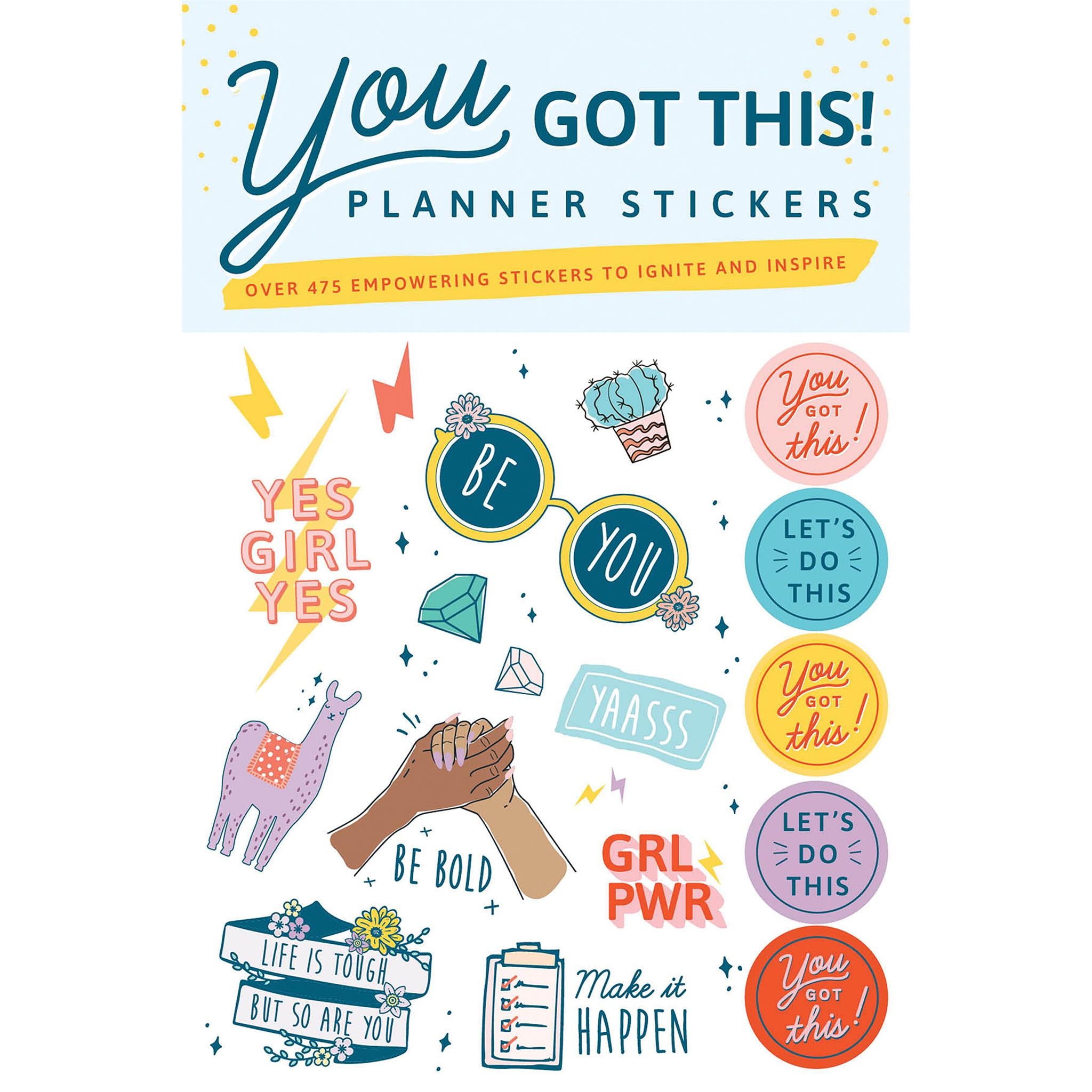 A collection of colorful planner stickers featuring various empowerment-themed messages and illustrations such as hands, hearts, and abstract designs.