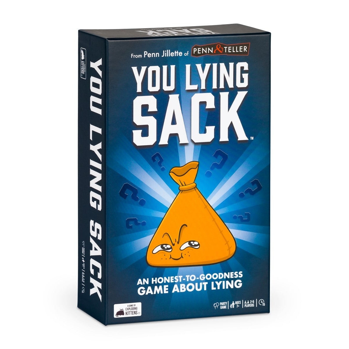 A board game box for 'You Lying Sack' featuring an illustration of a gold sack with a face on it, set against a blue background with the game title text.