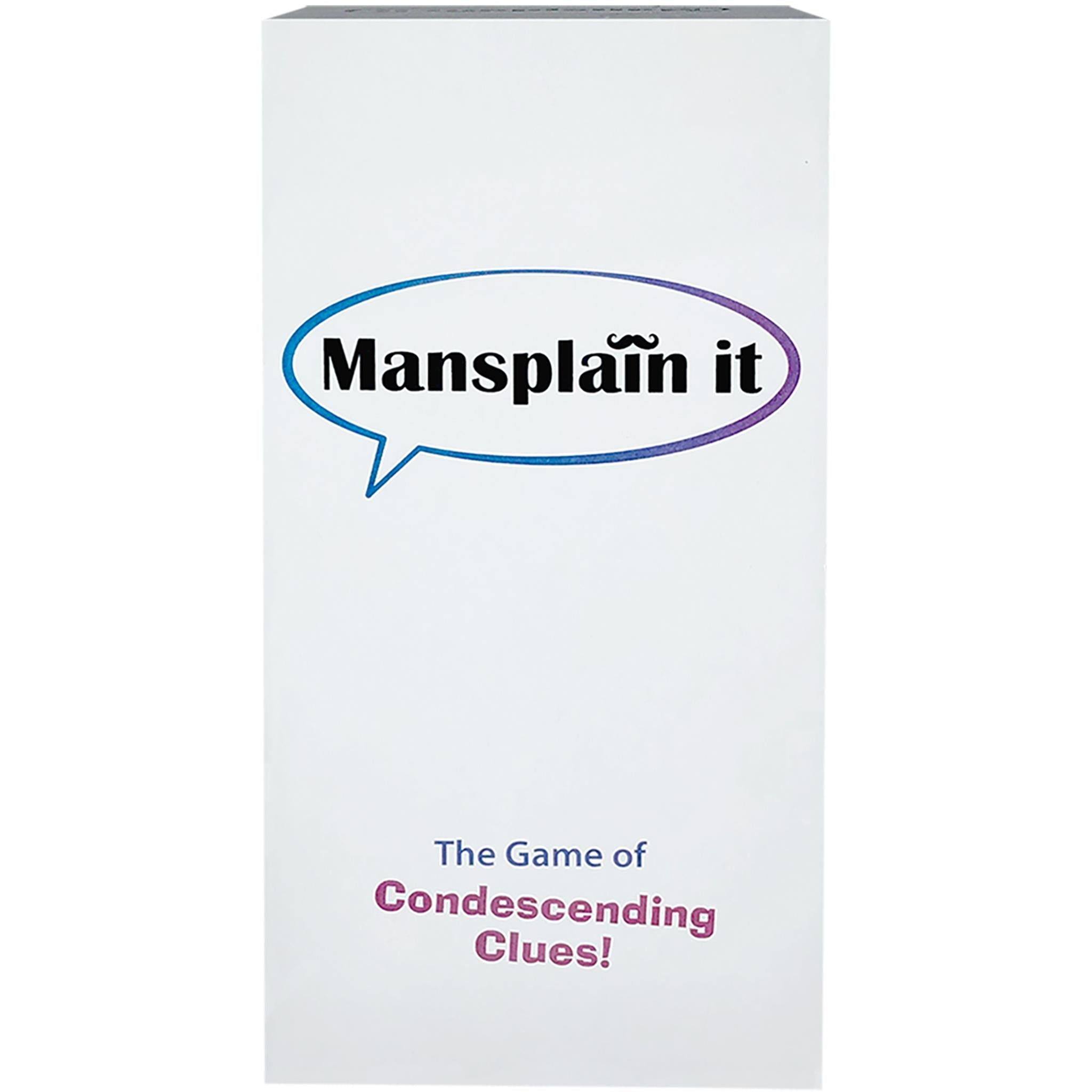 The product image shows the packaging of 'Mansplain It', which is labeled as 'The Game of Condescending Clues'. The packaging is primarily white with blue and red text, and a graphic of a speech bubble with the title in it.