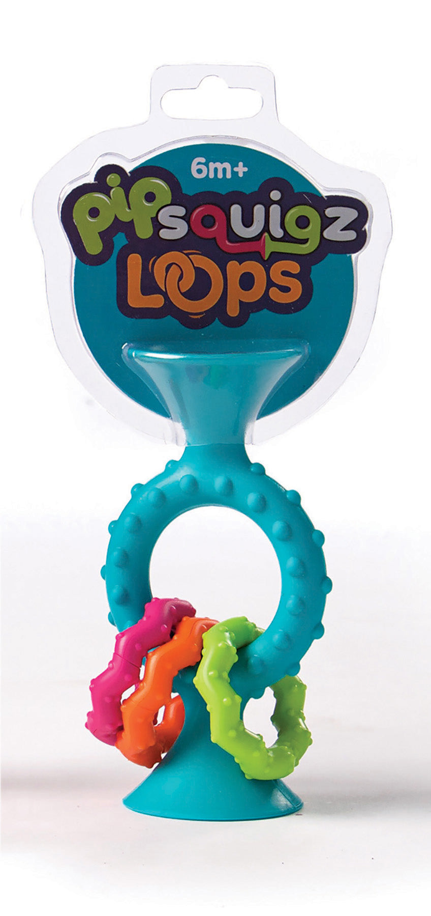 A teal-colored baby toy made up of interlocking rings with suction cups, designed for sensory play.