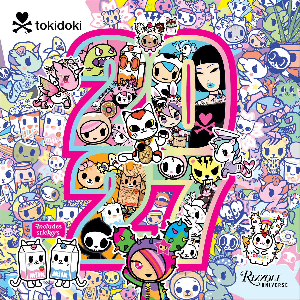 A colorful Tokidoki-themed collage featuring a large pink and green '2021' number filled with character illustrations, surrounded by many cartoon characters and logos. Visible text includes 'tokidoki' at top left, 'Rizzoli Universe' at bottom right, and 'Includes stickers' in a pink box.