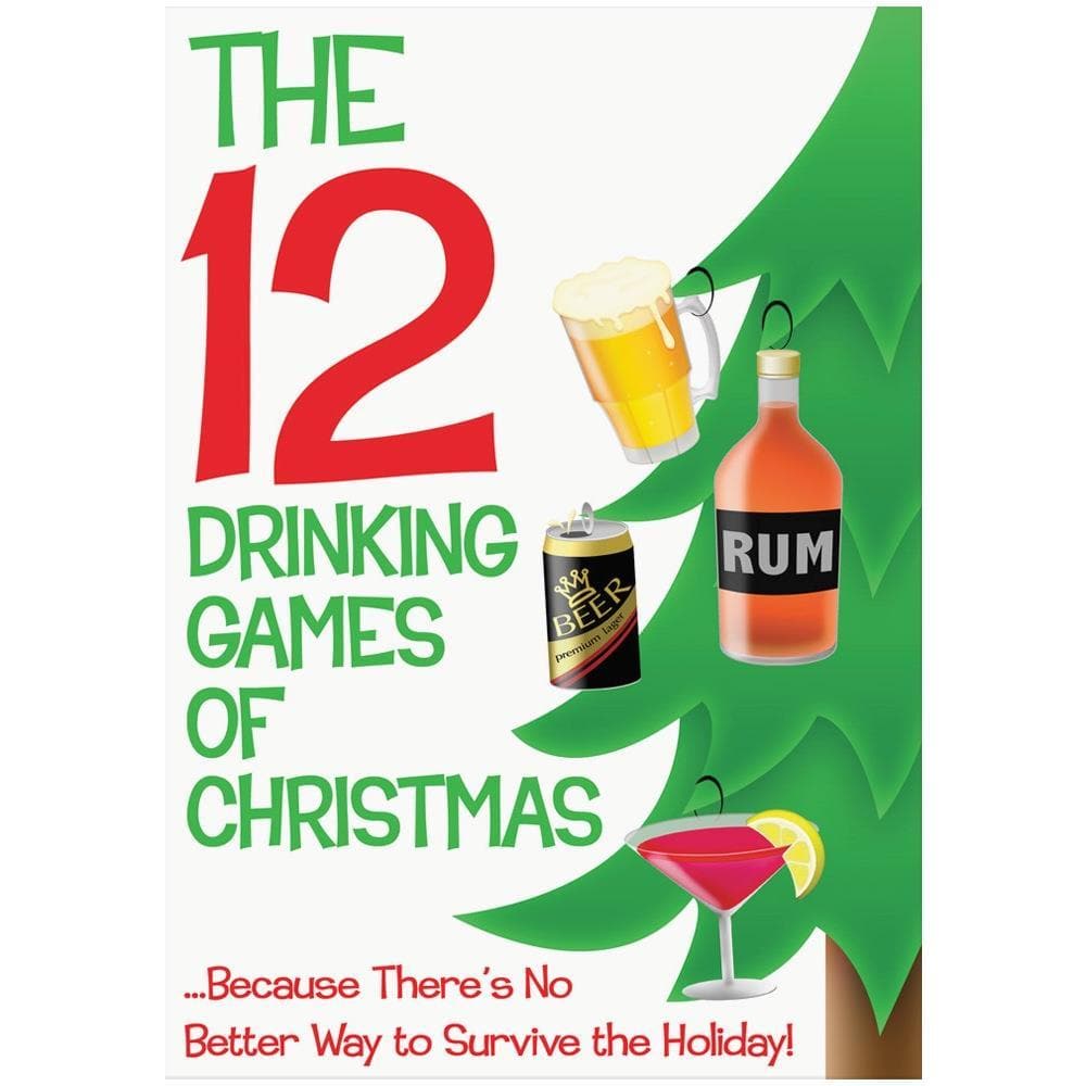 Cover of 'The 12 Drinking Games of Christmas' party game package, featuring illustrations of a glass of wine, a beer can, and a bottle of rum, along with festive elements like a Christmas tree and ornaments.