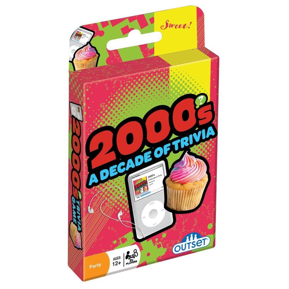 Packaging for the '2000s Decade of Trivia' game featuring nostalgic elements such as a smartphone and a cupcake, with bright, bold colors and graphic design.