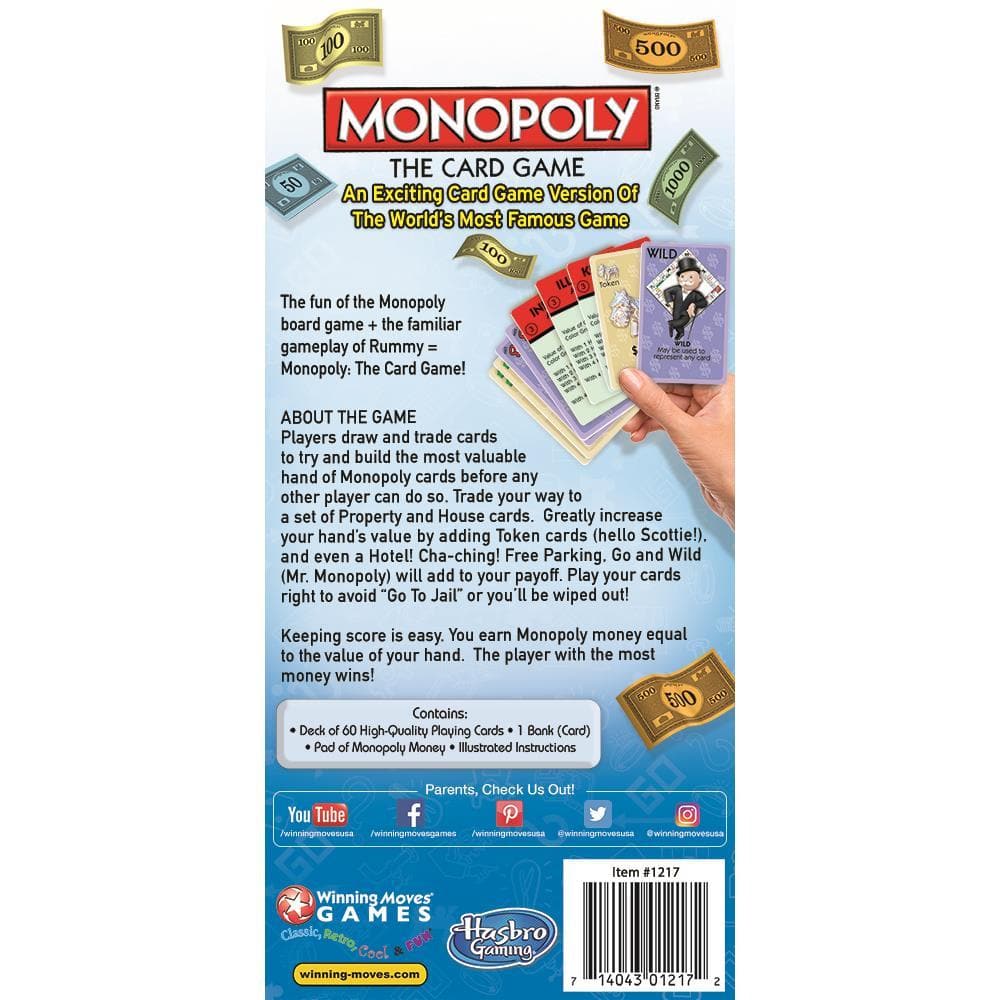 Back of Monopoly the card game packaging Calendar Club