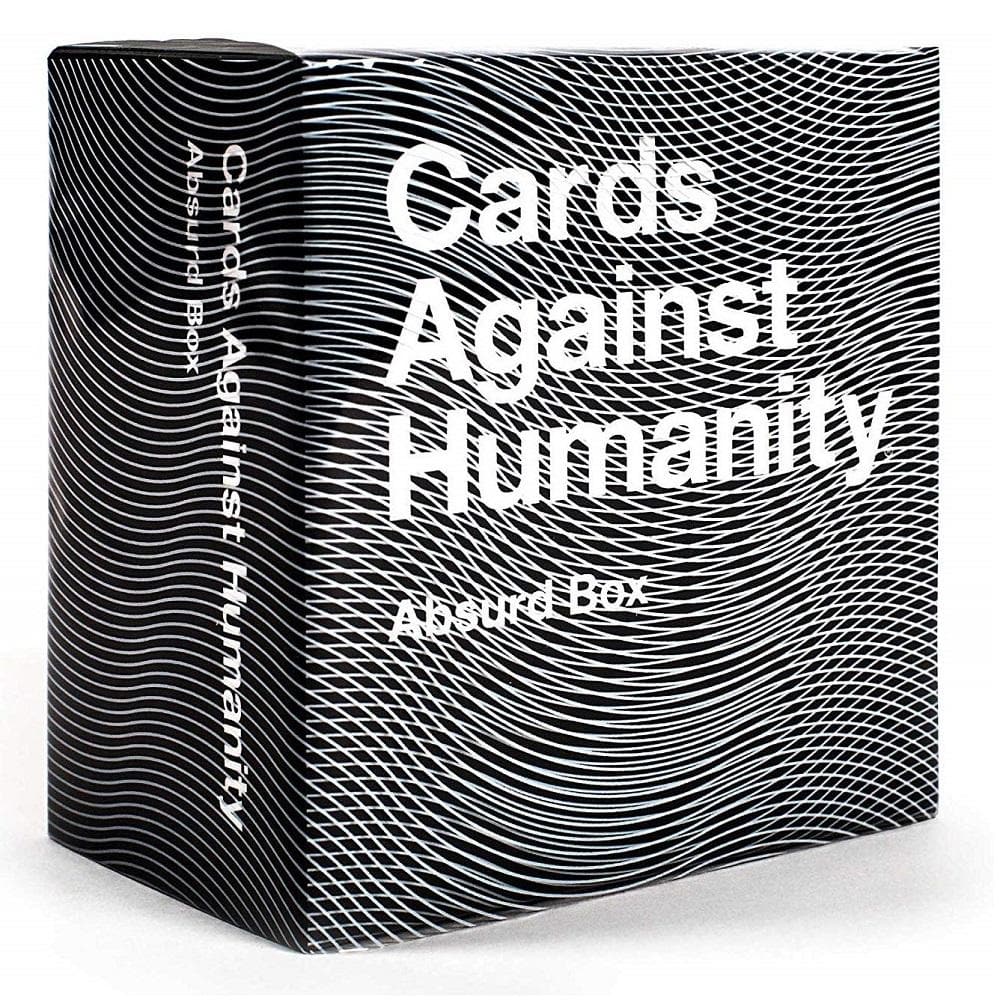 A box of 'Absurd Box Cards Against Humanity' with a black and white design featuring wavy lines and the product name on the cover.