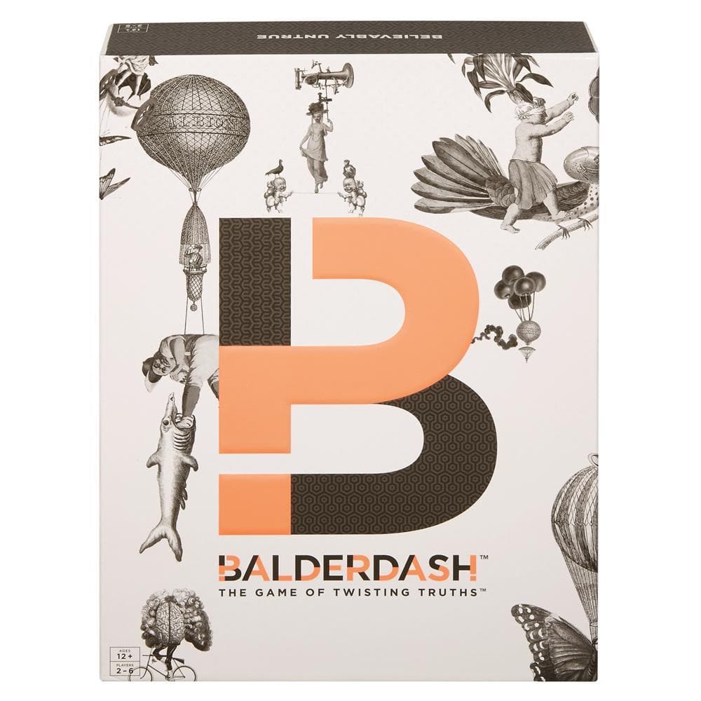 Box cover for the Balderdash game featuring illustrations of characters and humorous scenarios.