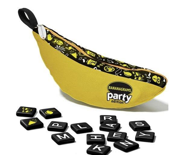 Bananagrams Party edition board game with tiles displayed in front of a banana-shaped pouch with the game name printed on it.