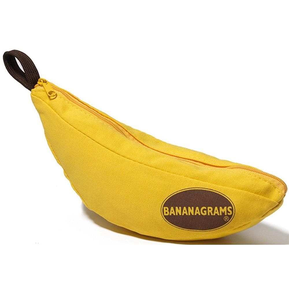 A banana-shaped pouch with the Bananagrams logo printed on it, used for holding a tile game inside.