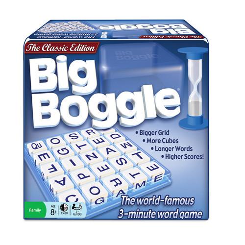 Box of the Big Boggle Classic Edition game featuring the game's name, a grid of letter tiles, and a timer.
