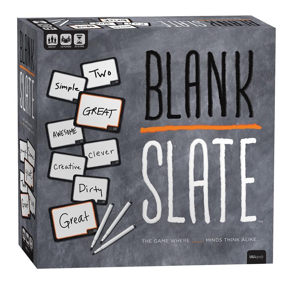 Board game box cover for 'Blank Slate' featuring the game's name and a few words classified as 'Simple', 'Great', 'Clever', and 'Dirty' written on index cards, indicating different hint types.