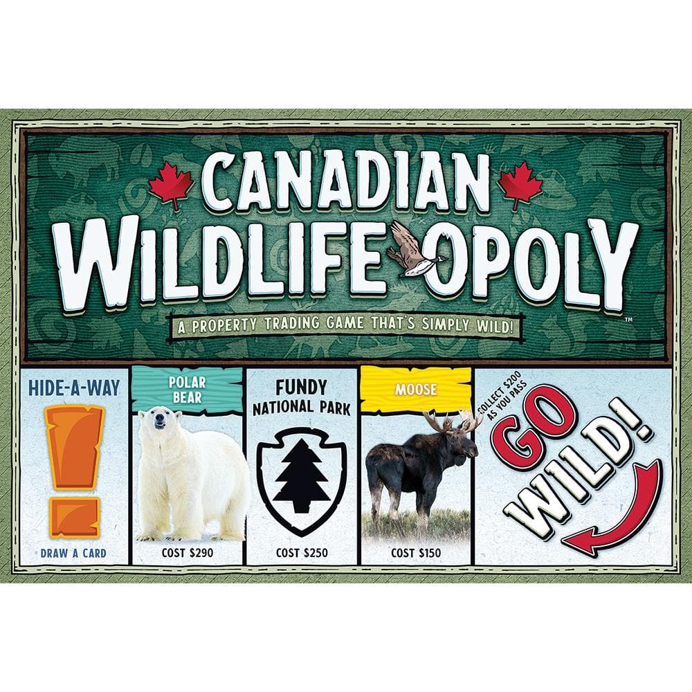Canadian Wildlife-Opoly board game cover featuring game pieces and Canadian-themed graphics with text and illustrations.