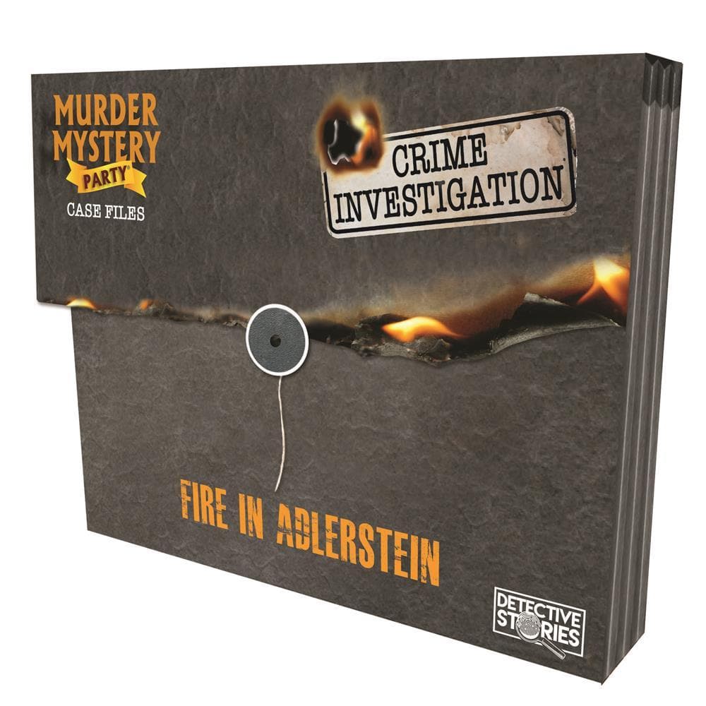 Packaging for 'Murder Mystery Party® Case Files: Fire in Alderstein,' featuring a dark, burnt appearance with text and a central button mechanism.