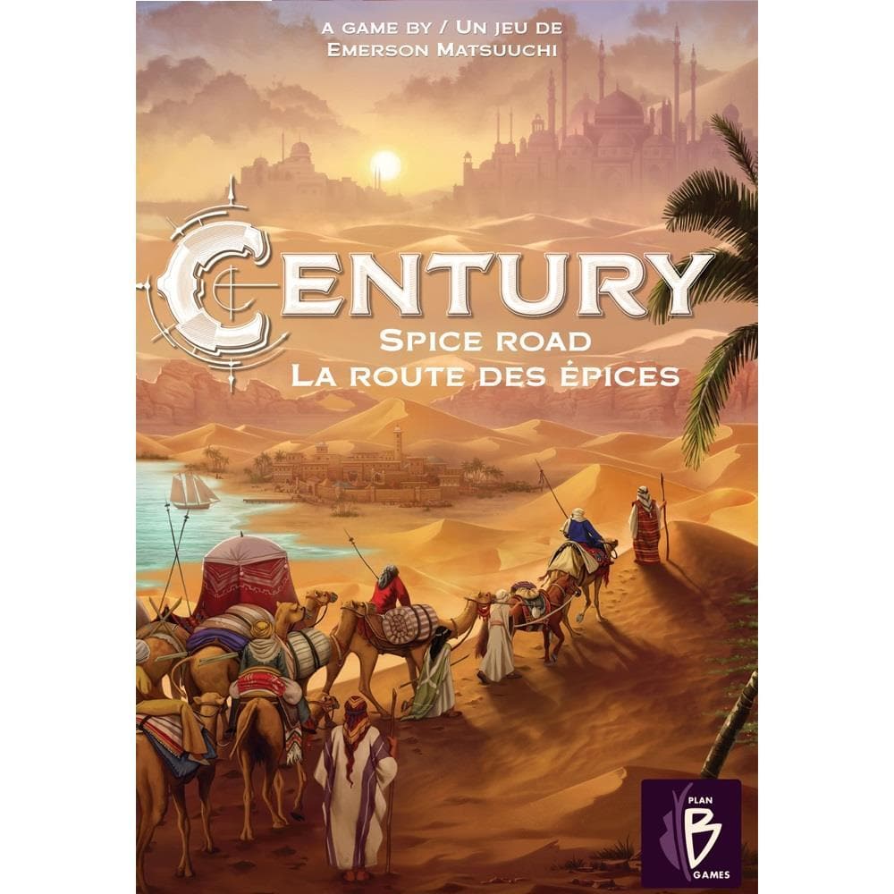 Cover art for the board game Century Spice Road, depicting a scene with camels and caravans on a desert road.