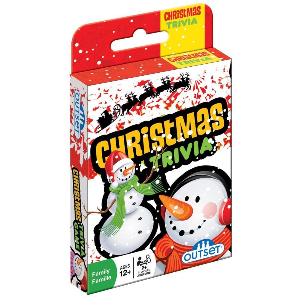 Packaging for 'Christmas Trivia' card game featuring a snowman and holiday-themed graphics.