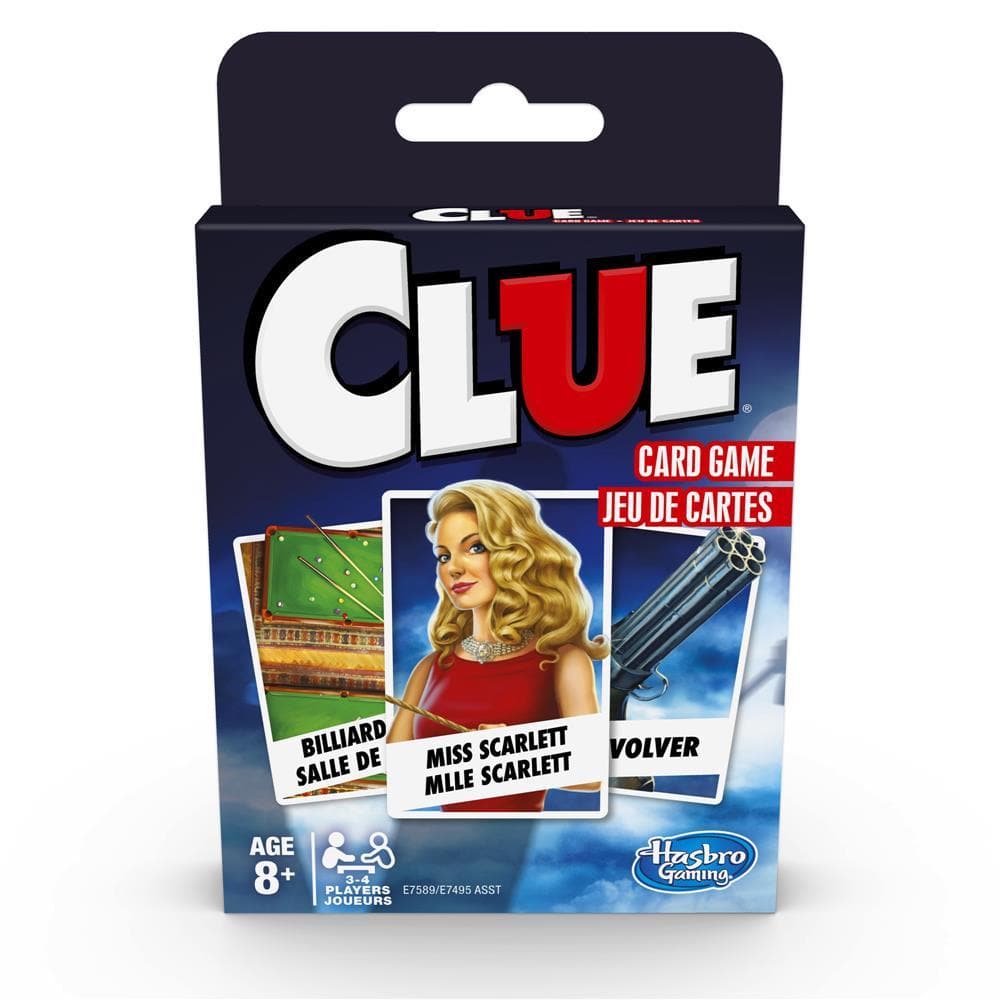 Packaging for the Clue Card Game featuring images of suspects and text detailing the game's features.