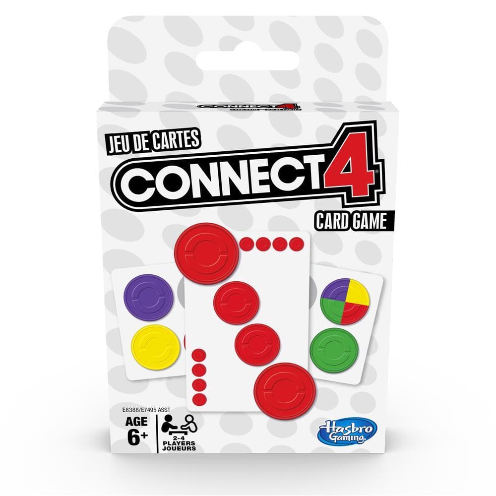 Packaging for the Connect 4 card game featuring the game's name and symbols indicating it is suitable for ages 6 and up, with an image of game tiles and a 'Hasbro' logo.