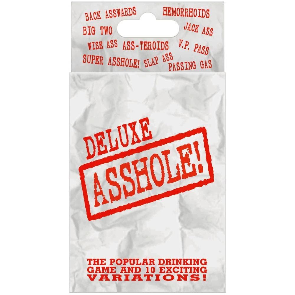 Packaging for the Deluxe Asshole Card Game featuring the game's name and mentions of various drinking game variations.