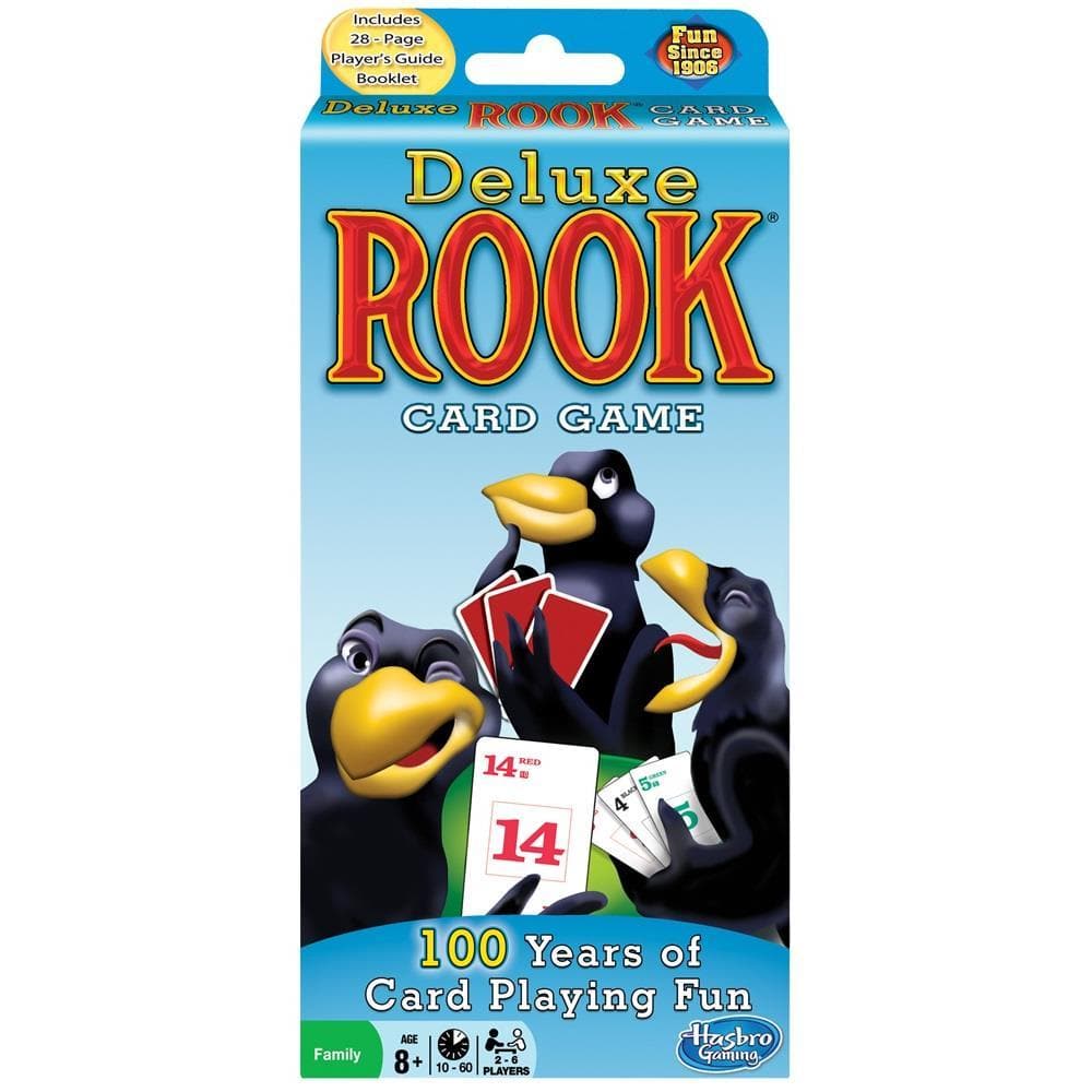 Packaging for the Deluxe Rook Card Game featuring bird characters and the text '100 Years of Card Playing Fun'.