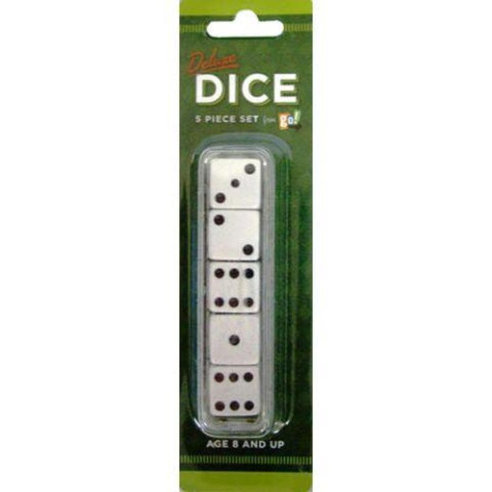 A pack of five white dice with black recessed pips, packaged in a clear plastic case with green backing card, labeled 'DICE' and '5 piece set'.