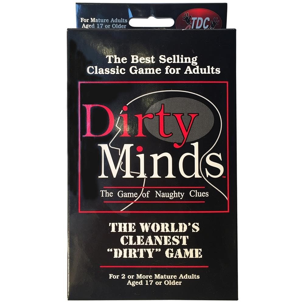 The image displays the packaging of the card game 'Dirty Minds'. The front cover features bold, white and red text on a black background, highlighting the game's title and its description as 'The Best Selling Classic Game for Adults' and 'The World's Cleanest Dirty Game'.