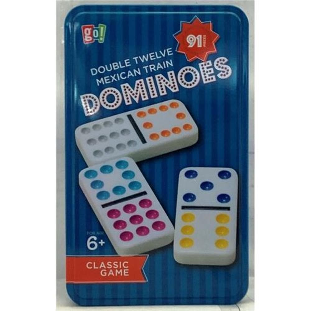 Package of Double 12 Dominoes game containing 91 color dot domino tiles with the Go! Games logo and rating of 9/10.