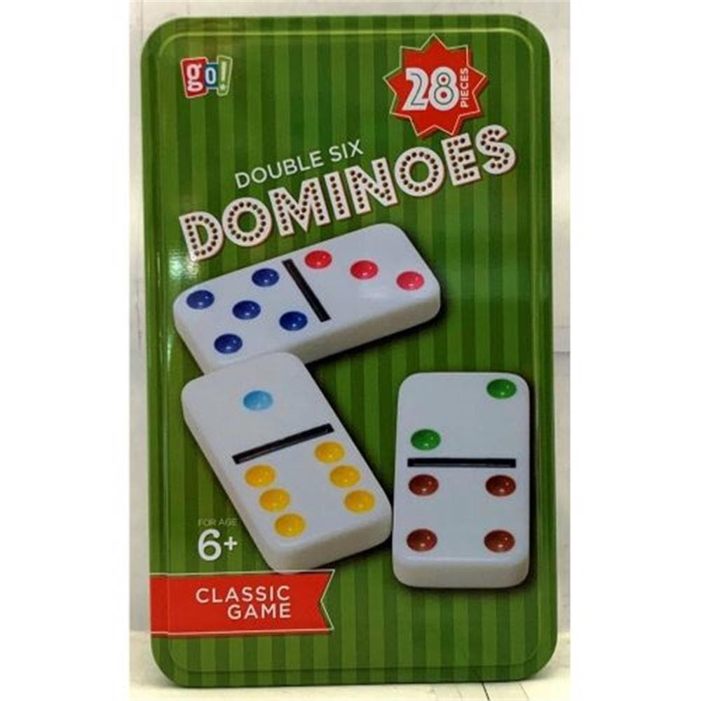 Packaging for Double 6 Dominoes game by Go Games, featuring the game name and an image of color-coded domino pieces.