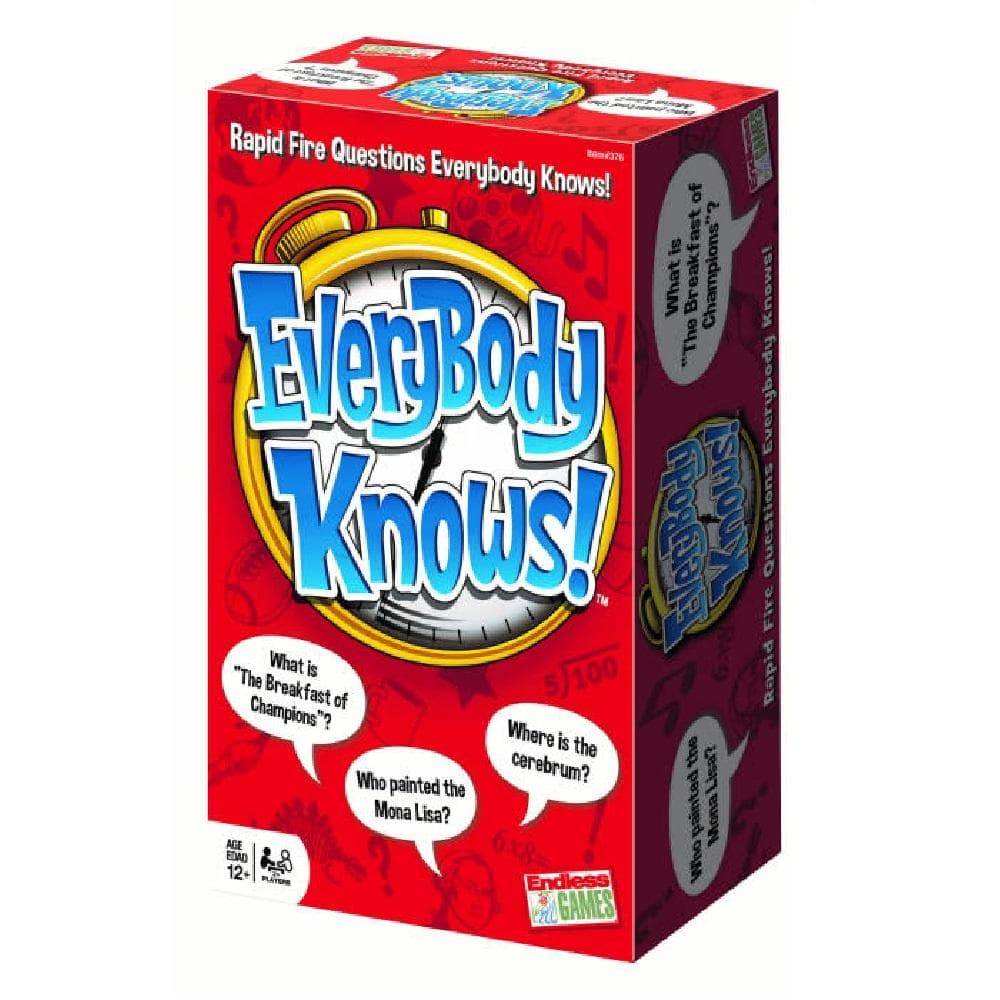 A board game box with the title 'Everybody Knows' displayed prominently in the center. The box is red with white and blue accents, and features images and text describing the game.