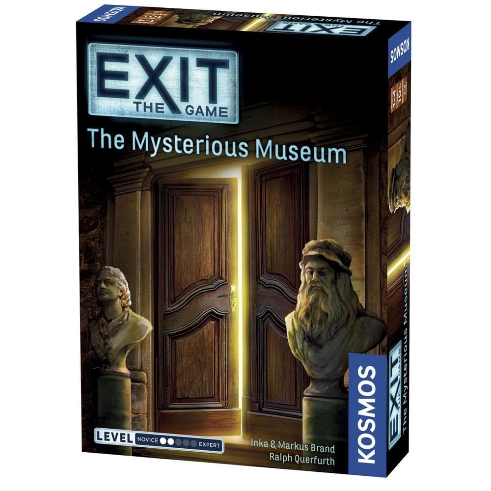 Box cover for the Exit: The Game - The Mysterious Museum, featuring an illustration of a museum door and a bust, with the game's title and logo.