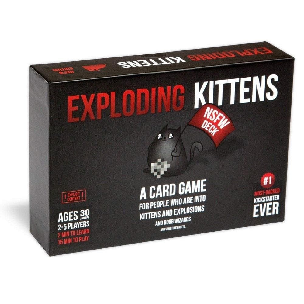 This image displays the packaging for the "Exploding Kittens NSFW edition," a card game designed for players aged 17 and older. The box features a bold, black design with red and white accents, and it’s adorned with the game’s title in large, white letters.