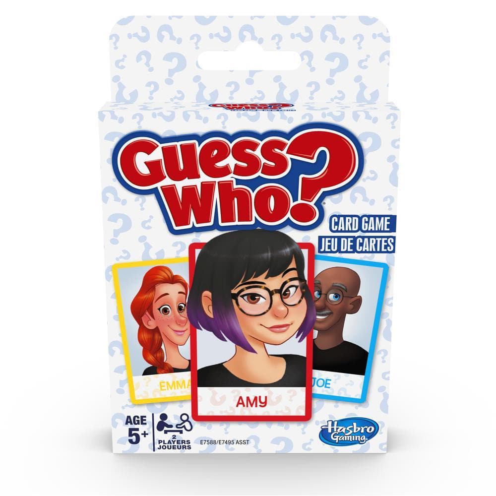 Packaging for the Guess Who? card game featuring illustrations of character cards and the title in both English and French.