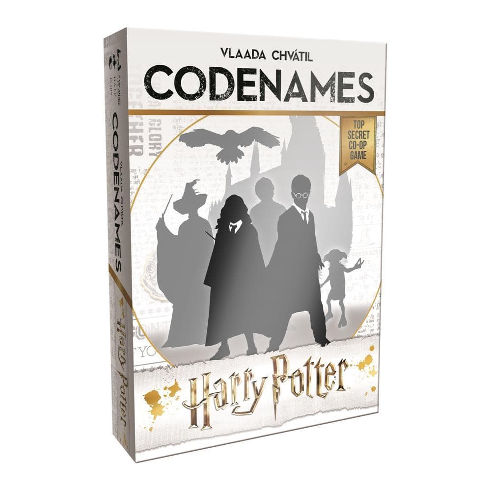 Board game box cover for 'Codenames: Harry Potter', featuring silhouettes of Harry Potter characters and a owl with a letter, suggestive of the game's theme.