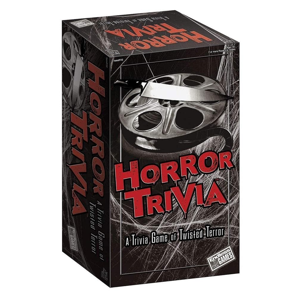 Trivia game box titled 'Horror Trivia' featuring a black background with white and red text, and an image of a tape reel.