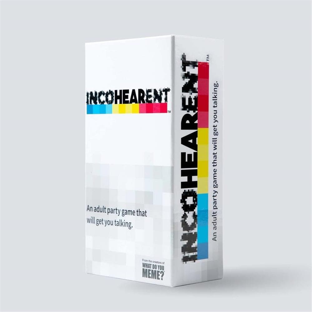 The image shows a box of the party game 'Incohearent' with a white background and colorful text and design elements.